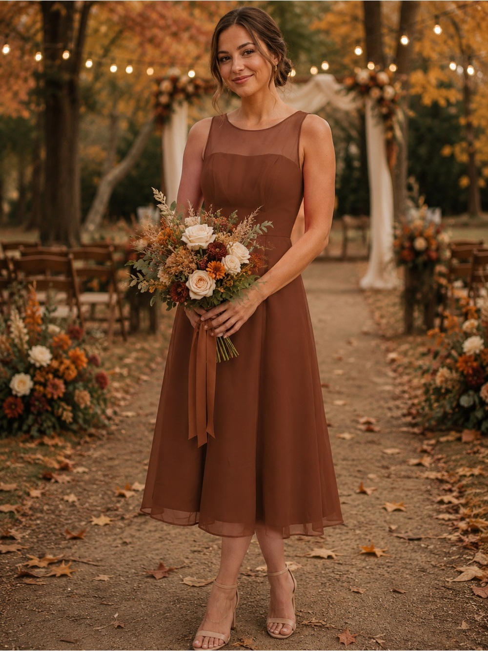 NWT Alfred Angelo Brown Sleeveless Midi Chiffon Dress